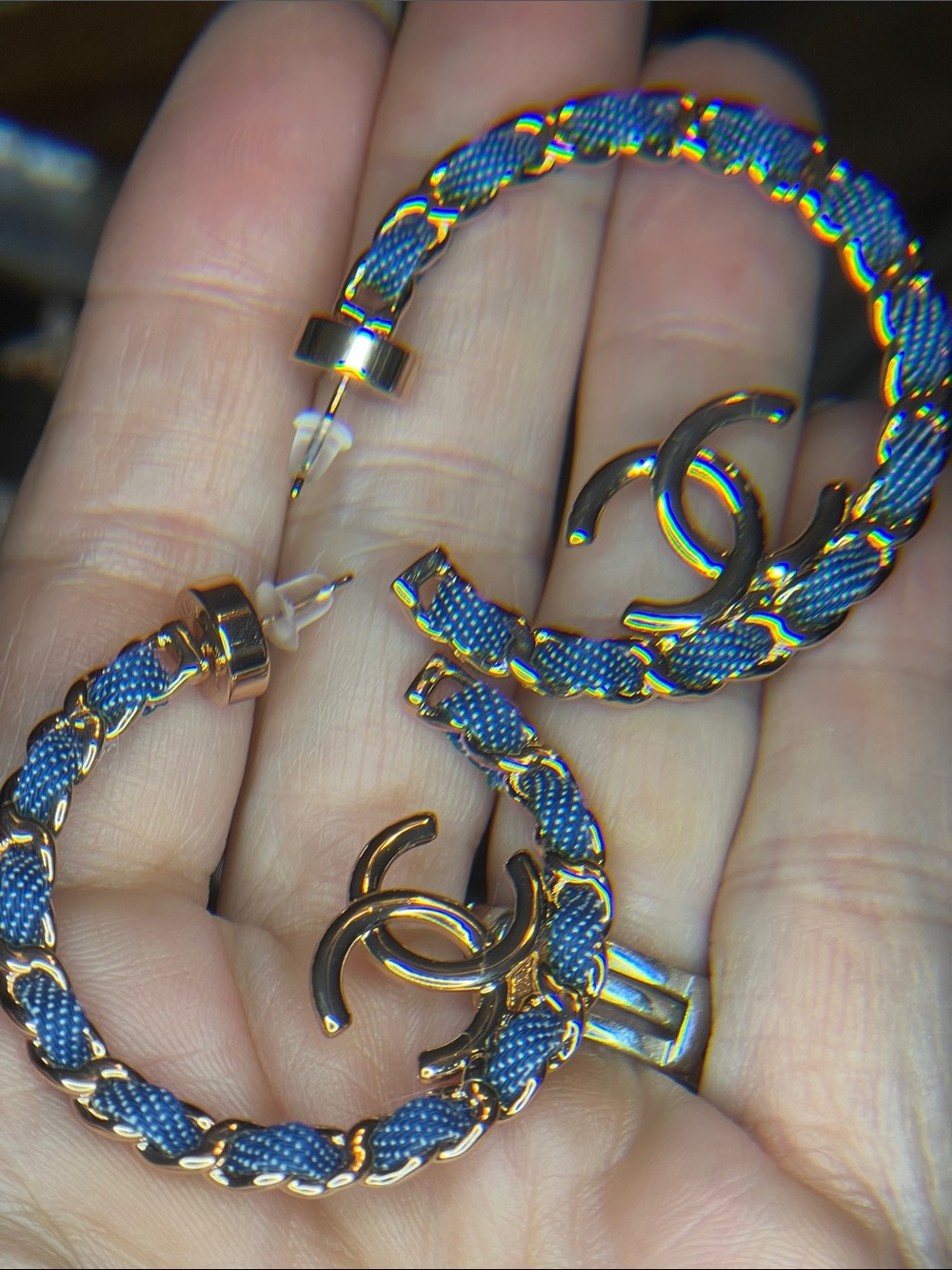 Designer-Inspired Blue and Gold Interlocking-Logo Hoop Earrings - Picture 3 of 7